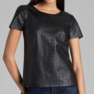 ELLA MOSS Black Laser Cut Faux Leather Top Tee